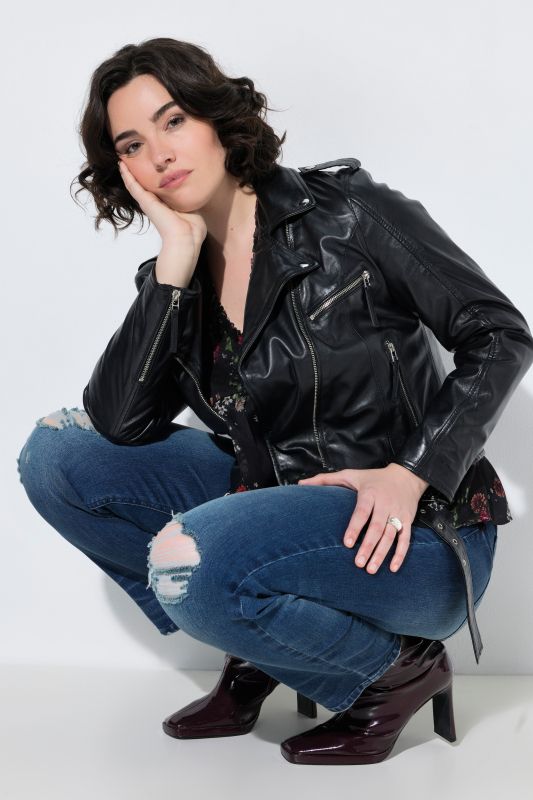 Leather Lapel Collar Asymmetric Biker Jacket