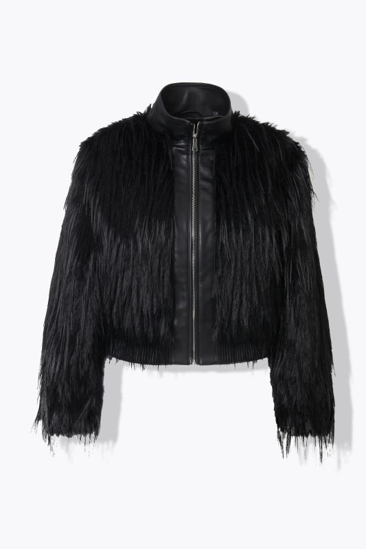 Classic Fit Faux Fur Jacket, Leather-Look Details