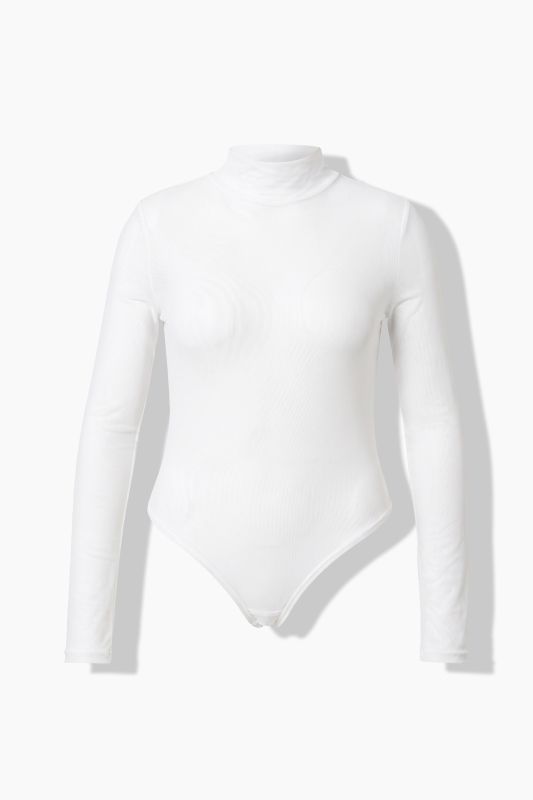 Slim Fit Mesh Bodysuit, Stand-Up Collar, Long Sleeves