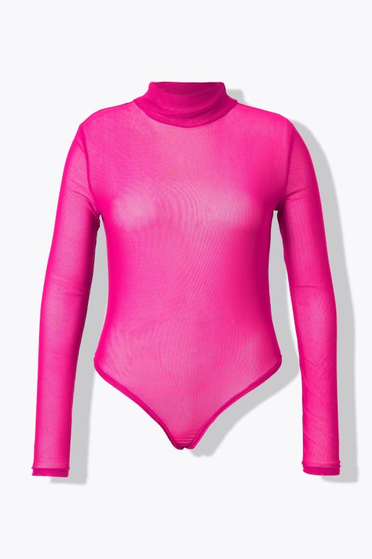 Slim Fit Mesh Bodysuit, Stand-Up Collar, Long Sleeves