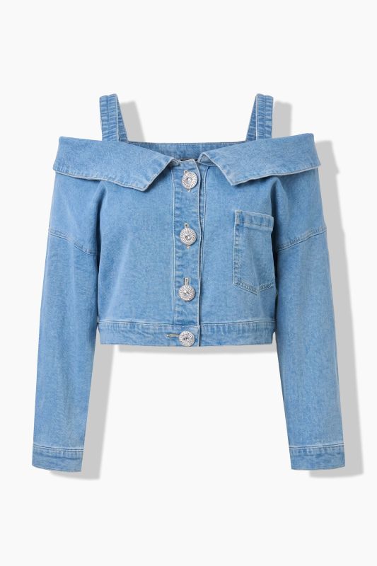 Oversized Off-the-Shoulder Denim Blouse, Long Sleeves