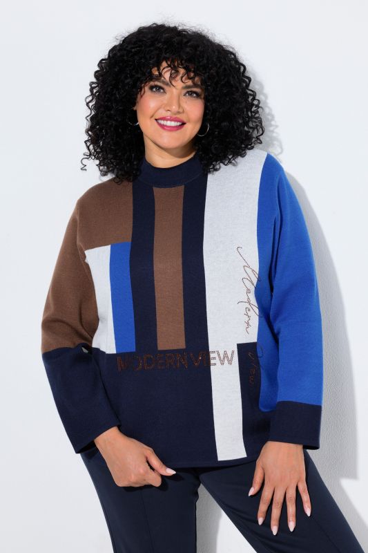 Block Striped Rhinestoned Turtleneck Sweater