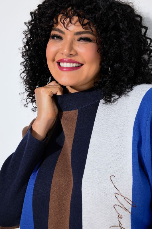 Block Striped Rhinestoned Turtleneck Sweater