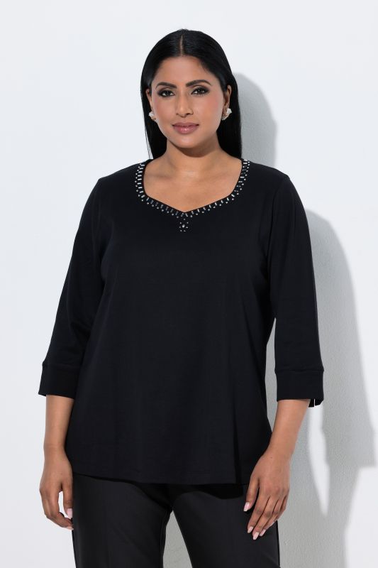 Pima Cotton Rhinestone Studded Sweetheart Neckline T-Shirt Blouse