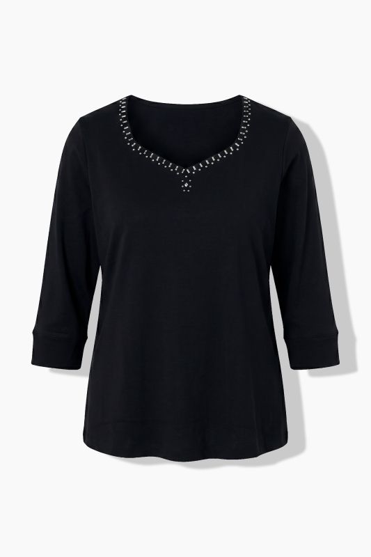Pima Cotton Rhinestone Studded Sweetheart Neckline T-Shirt Blouse