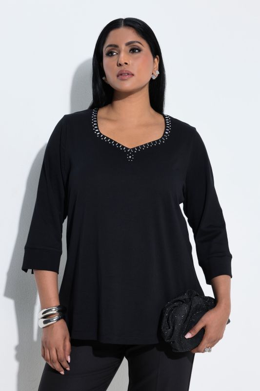 Pima Cotton Rhinestone Studded Sweetheart Neckline T-Shirt Blouse