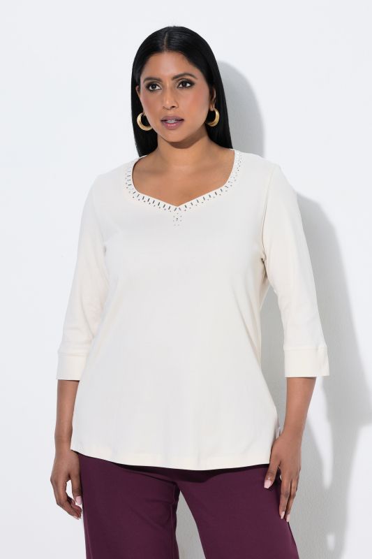 Pima Cotton Rhinestone Studded Sweetheart Neckline T-Shirt Blouse