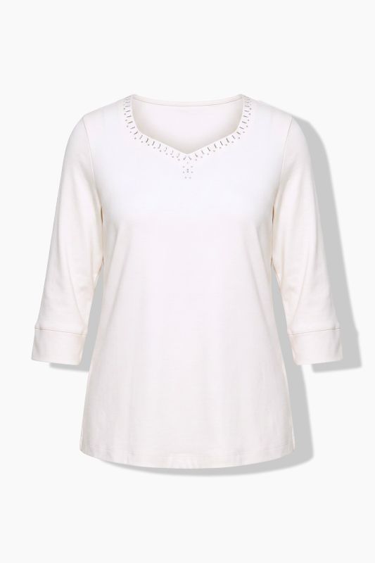 Pima Cotton Rhinestone Studded Sweetheart Neckline T-Shirt Blouse