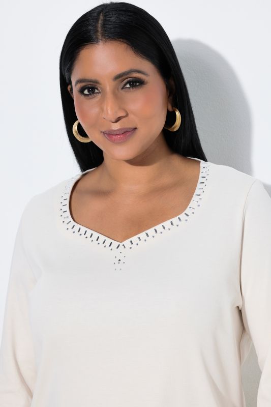 Pima Cotton Rhinestone Studded Sweetheart Neckline T-Shirt Blouse