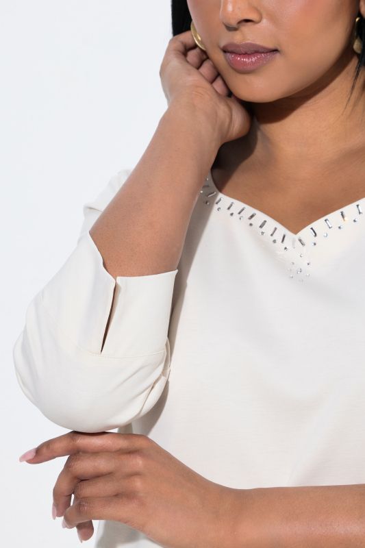 Pima Cotton Rhinestone Studded Sweetheart Neckline T-Shirt Blouse