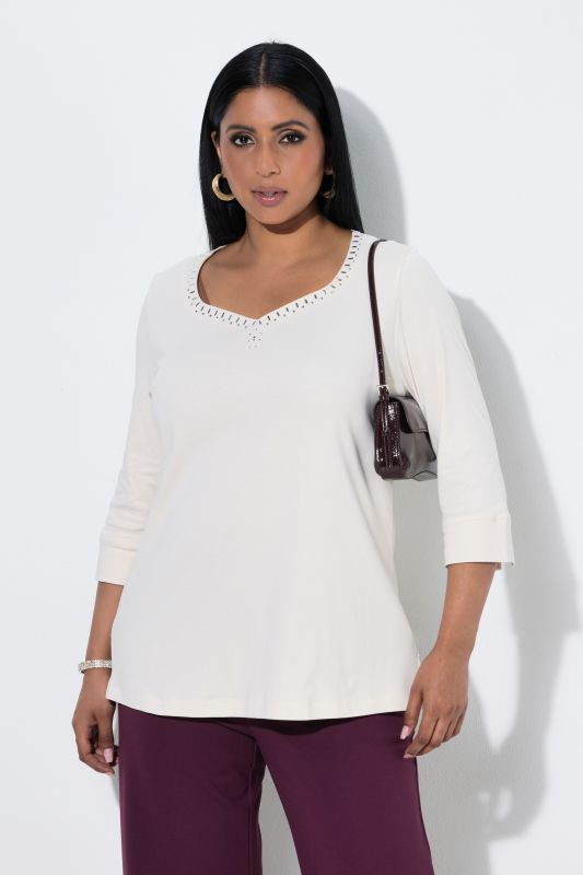 Pima Cotton Rhinestone Studded Sweetheart Neckline T-Shirt Blouse