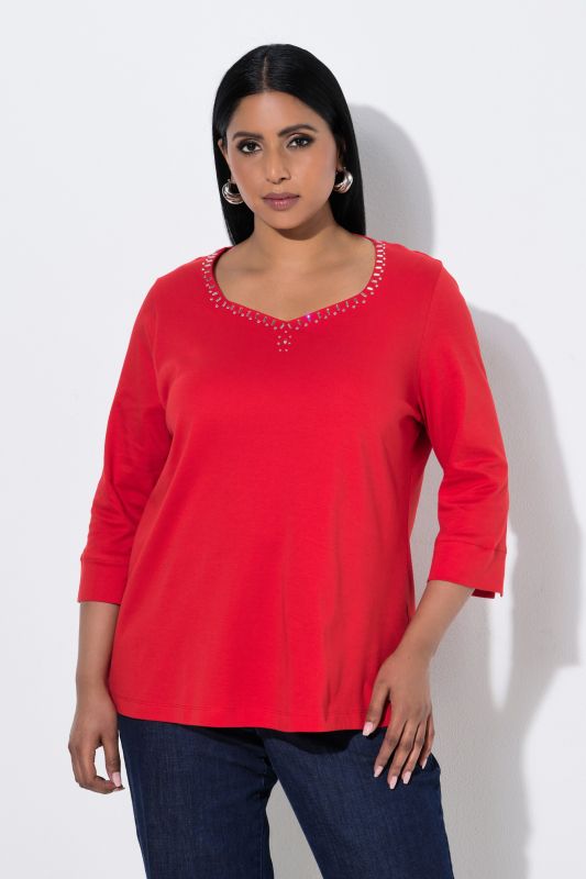 Pima Cotton Rhinestone Studded Sweetheart Neckline T-Shirt Blouse