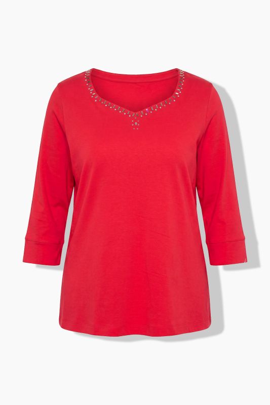 Pima Cotton Rhinestone Studded Sweetheart Neckline T-Shirt Blouse