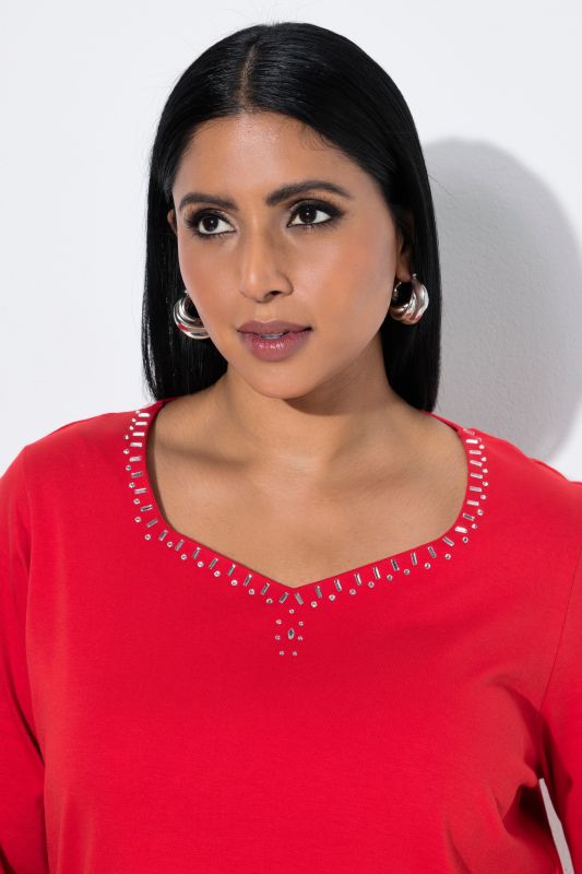 Pima Cotton Rhinestone Studded Sweetheart Neckline T-Shirt Blouse