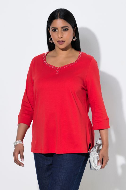 Pima Cotton Rhinestone Studded Sweetheart Neckline T-Shirt Blouse