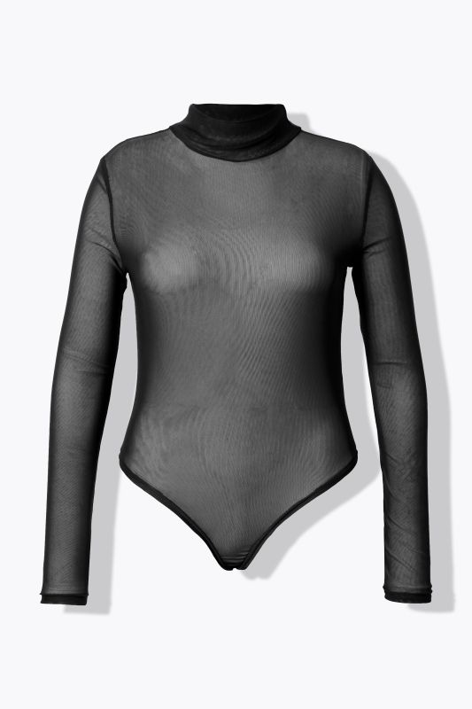 Slim Fit Mesh Bodysuit, Stand-Up Collar, Long Sleeves