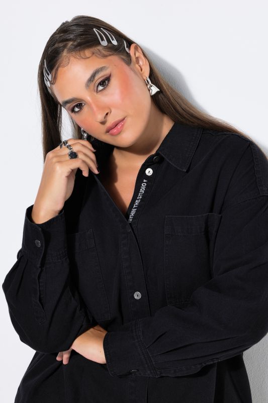 Denim Embroidered Lettering Blouse