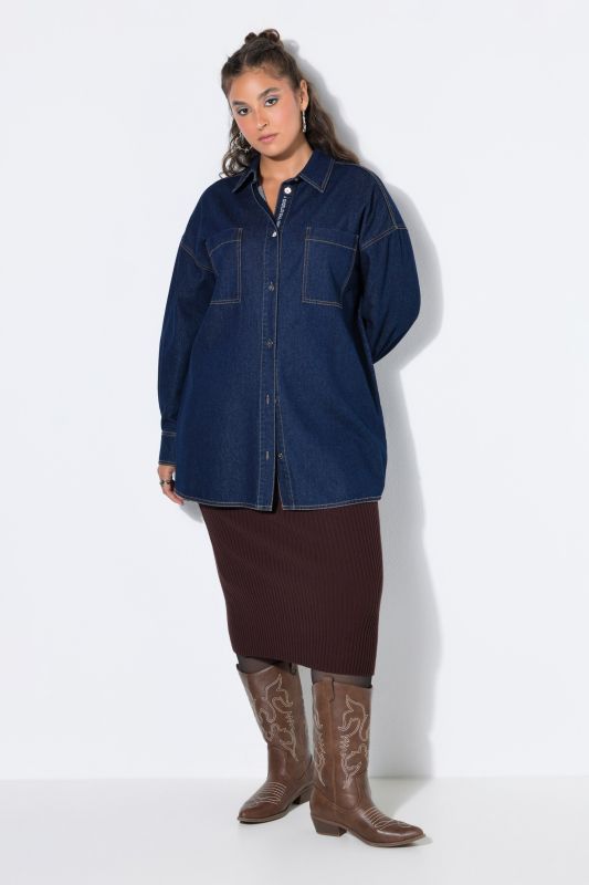 Denim Embroidered Lettering Blouse