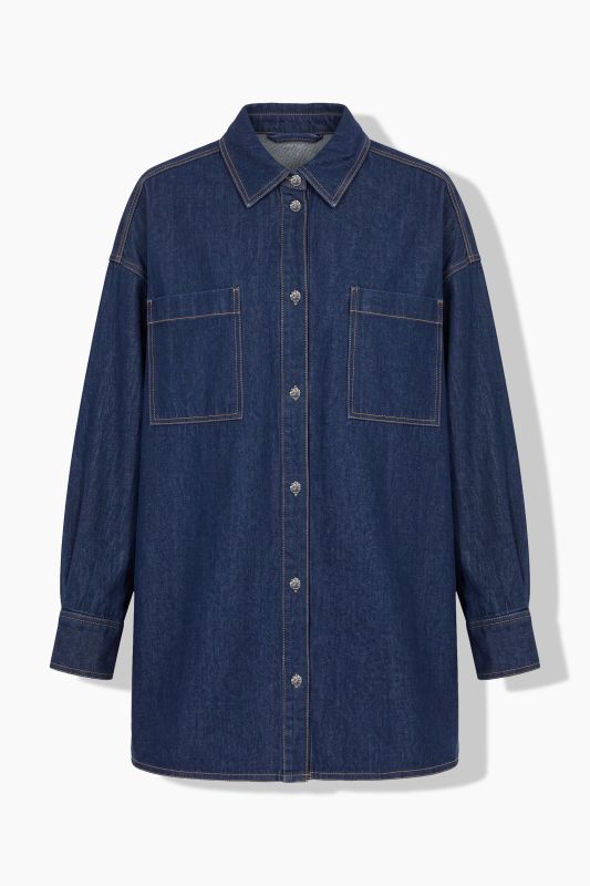 Denim Embroidered Lettering Blouse
