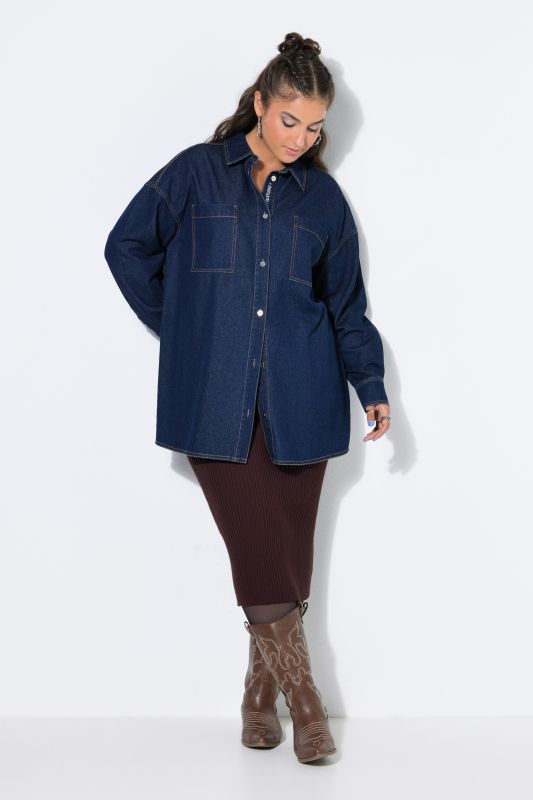Denim Embroidered Lettering Blouse