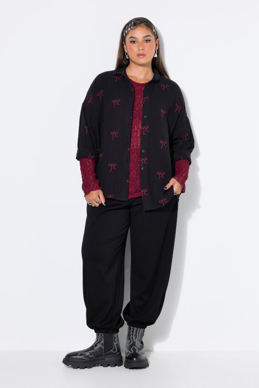 Blouse, oversized, muslin, embroidered bows
