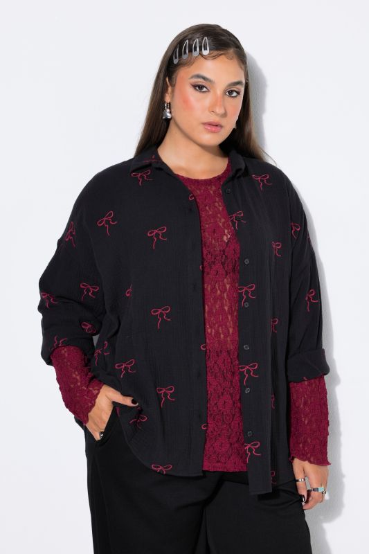 Blouse, oversized, muslin, embroidered bows