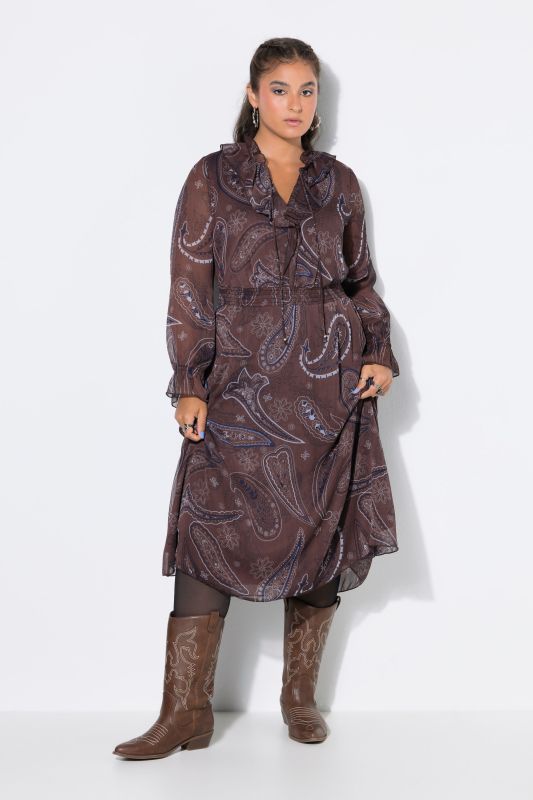 Paisley Print Ruffle A-Line Midi Dress
