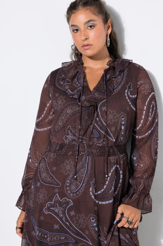 Paisley Print Ruffle A-Line Midi Dress