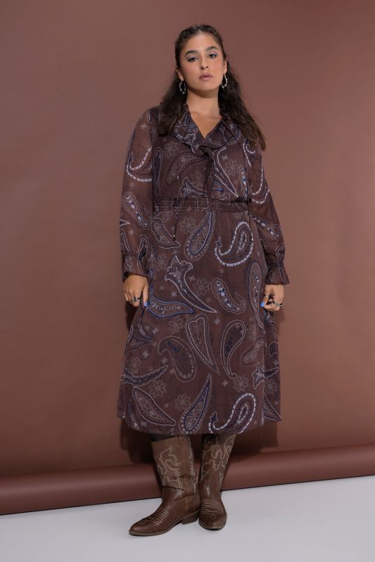 Paisley Print Ruffle A-Line Midi Dress
