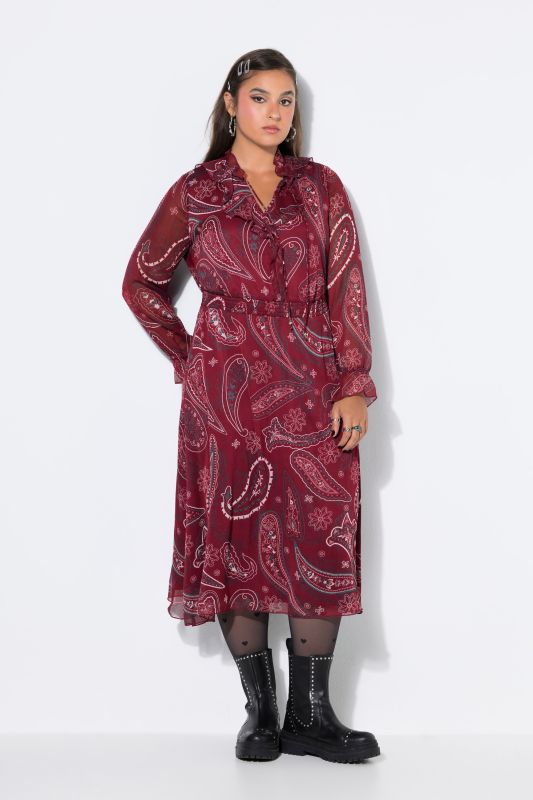 Paisley Print Ruffle A-Line Midi Dress