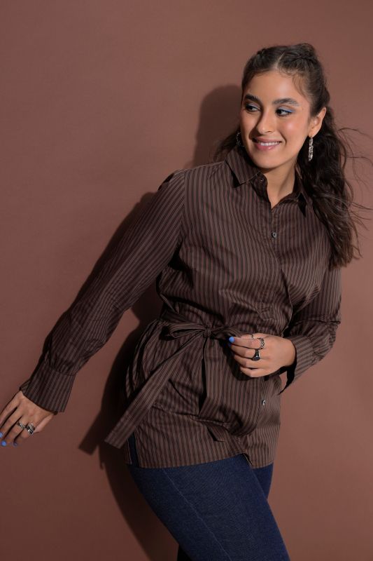 Pinstripe Tie-Waist Shirt Blouse