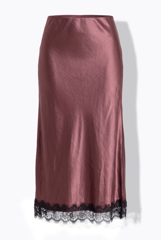 Lace Trimmed Elastic Waist Satin Skirt