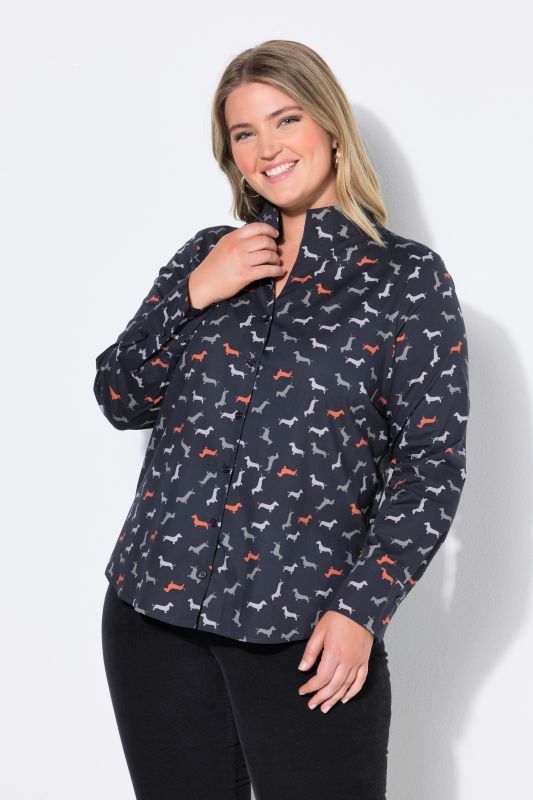 Dachshund Print Long Sleeve Button-Down Blouse