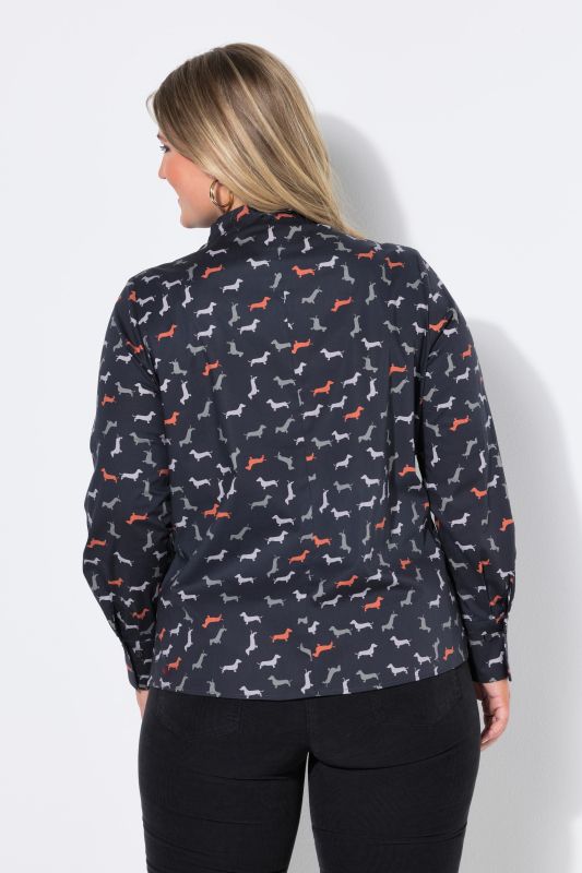Dachshund Print Long Sleeve Button-Down Blouse
