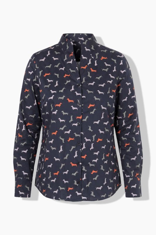 Dachshund Print Long Sleeve Button-Down Blouse