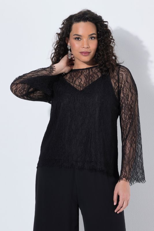 Satin and Lace Layered Long Sleeve Blouse