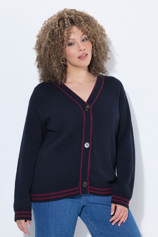 Striped Edge V-Neck Wool-Blend Cardigan