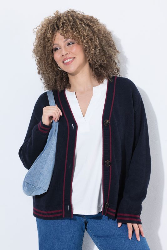 Striped Edge V-Neck Wool-Blend Cardigan