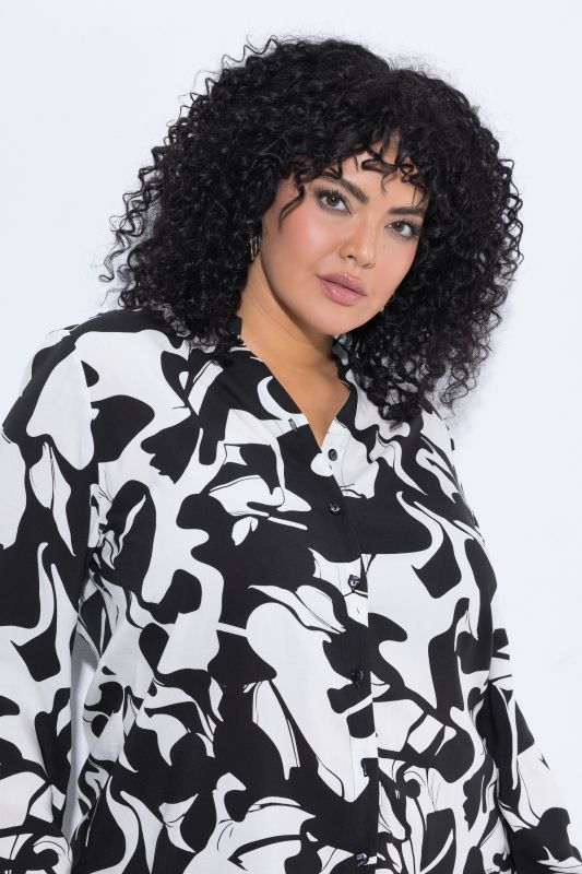 Abstract Print Long Sleeve Button-Down Blouse