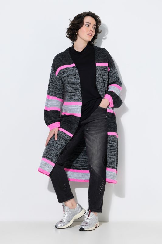 Extra Long Open Shape Mixed Stripe Cardigan