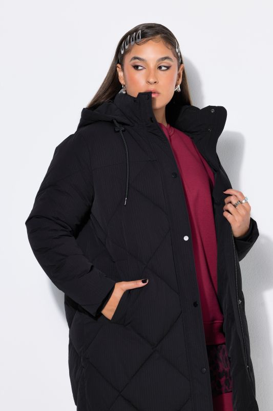 Diamond Quilted Hooded Long Coat