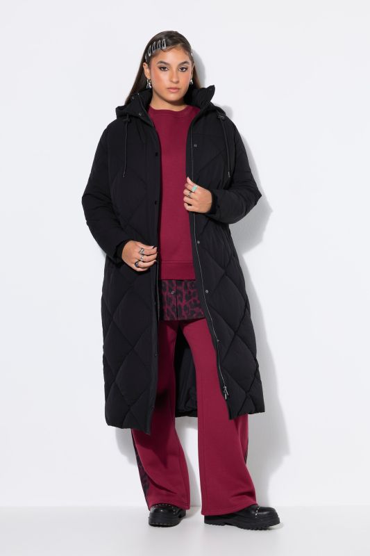Diamond Quilted Hooded Long Coat