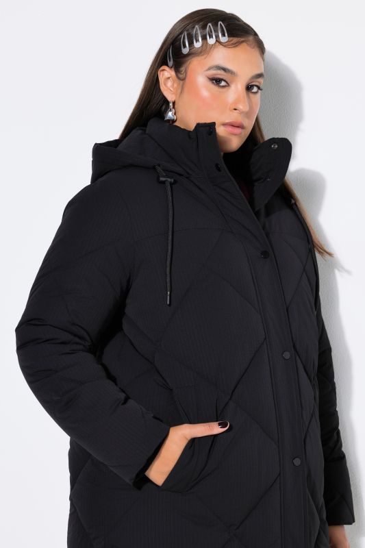 Diamond Quilted Hooded Long Coat