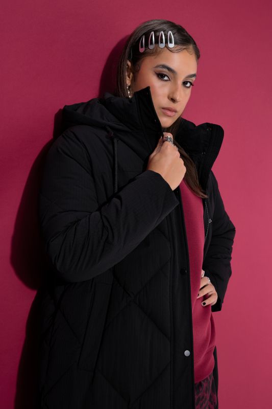 Diamond Quilted Hooded Long Coat