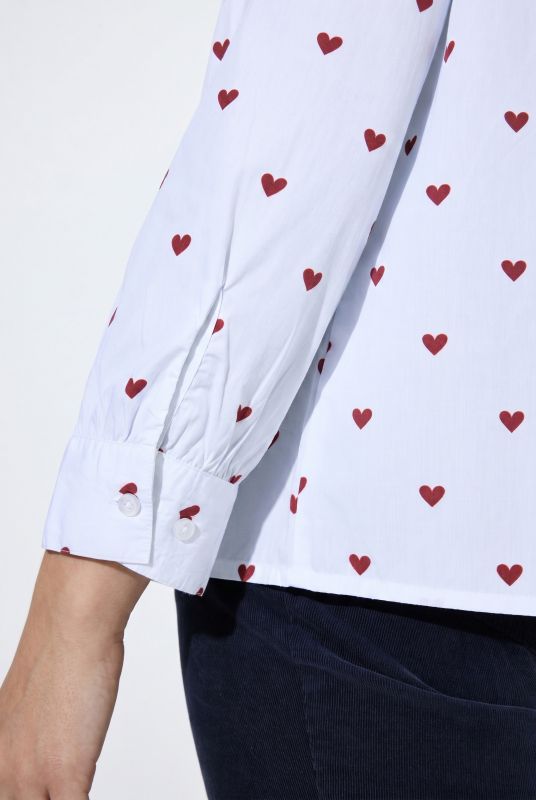 Heart Print Ruffled Collar Button-Down Blouse