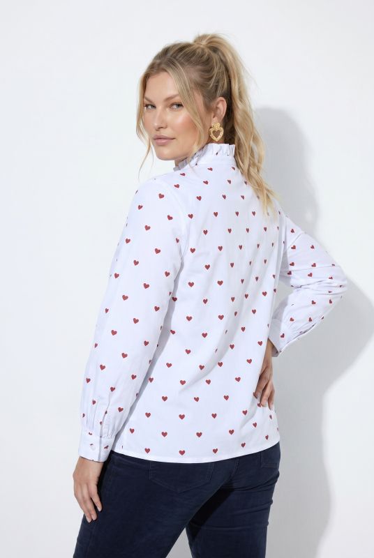 Heart Print Ruffled Collar Button-Down Blouse