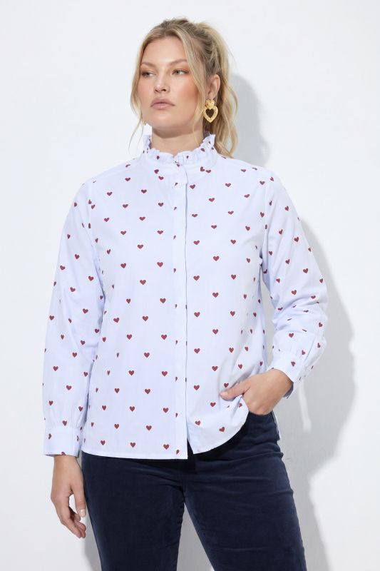 Heart Print Ruffled Collar Button-Down Blouse