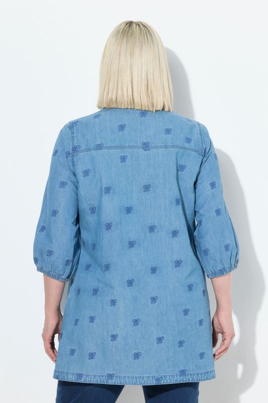 Bow Embroidered Denim-Look Blouse