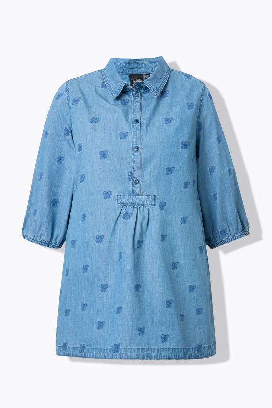 Bow Embroidered Denim-Look Blouse