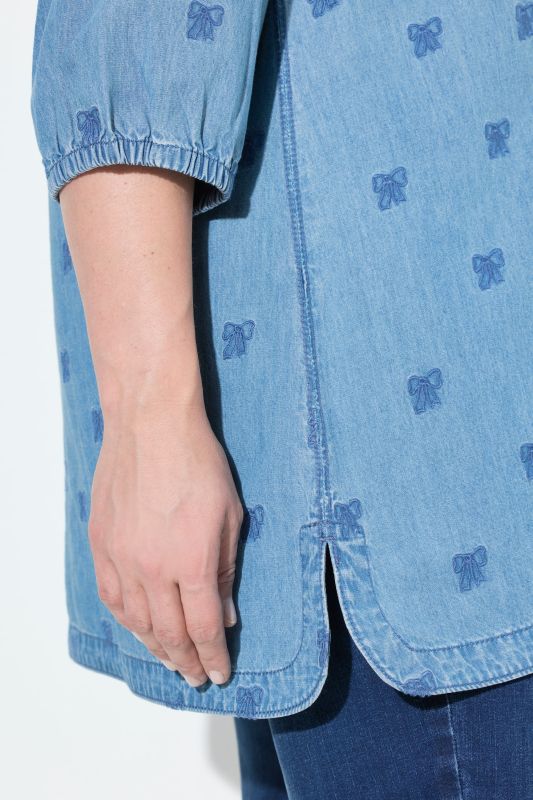 Bow Embroidered Denim-Look Blouse